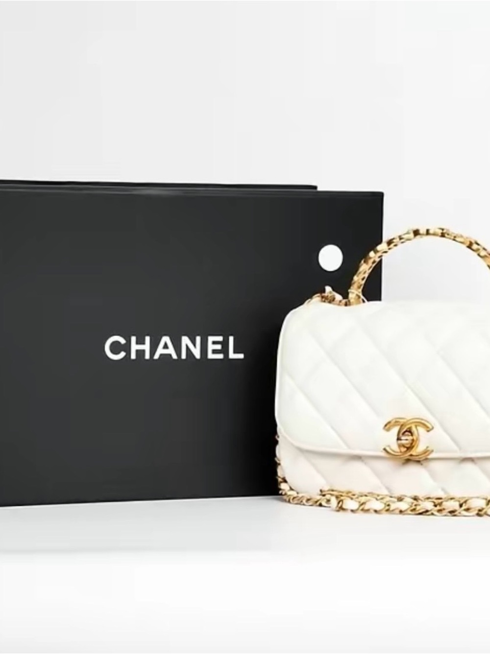 CHANEL White Quilted Shoulder Bag with Gold Chain & CC Logo